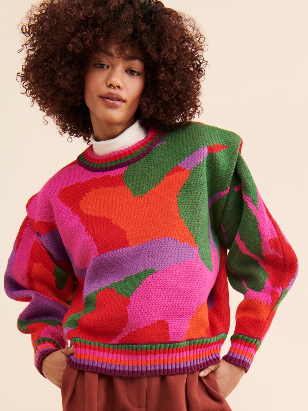 Farm Rio Vibrant Multicolor Abstract Knit Sweater - Pink, Green, Red